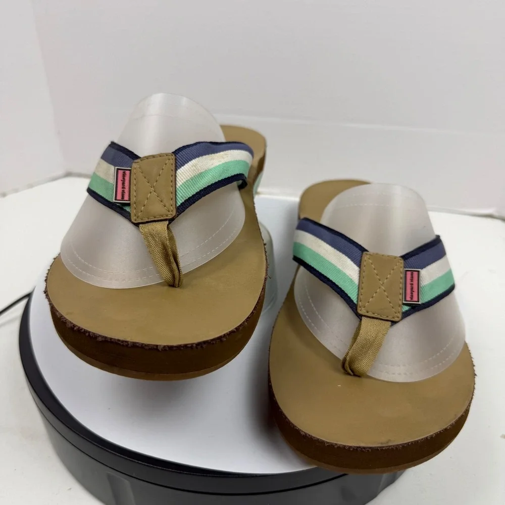 Vineyard Vines Mens Flip Flop Sandals Striped Webbing Tan Navy Green Size 11